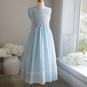 Strasburg Dress Blue Hand Smocked Sleeveless Satin Trim Girl's Special Occasion